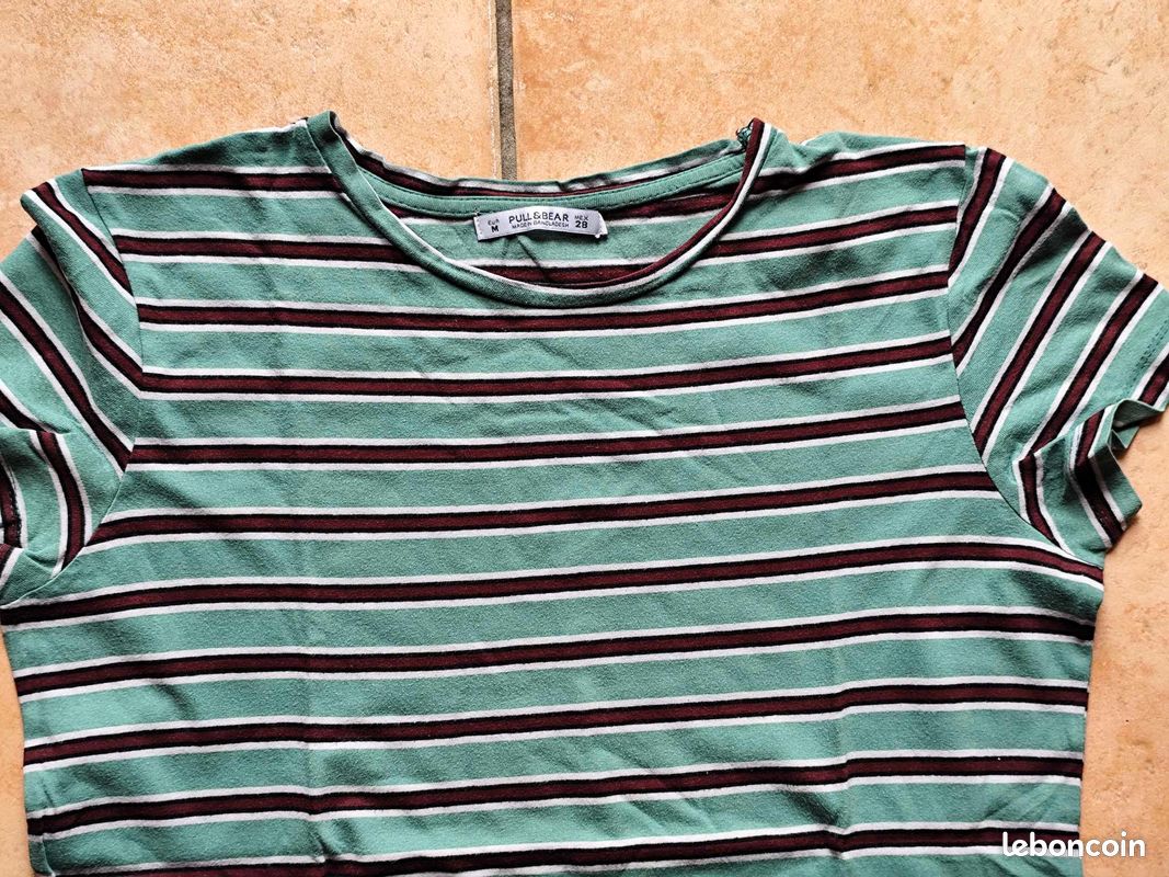 T-shirt Court Rayé Vert Pull&Bear Femme - Taille S, Coton, Manches Courtes, été