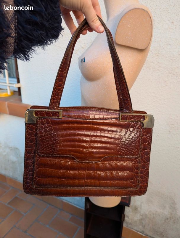 Sac à Main Vintage Années 50 En Patchwork Imitation Croco - Bandoulière Marron
