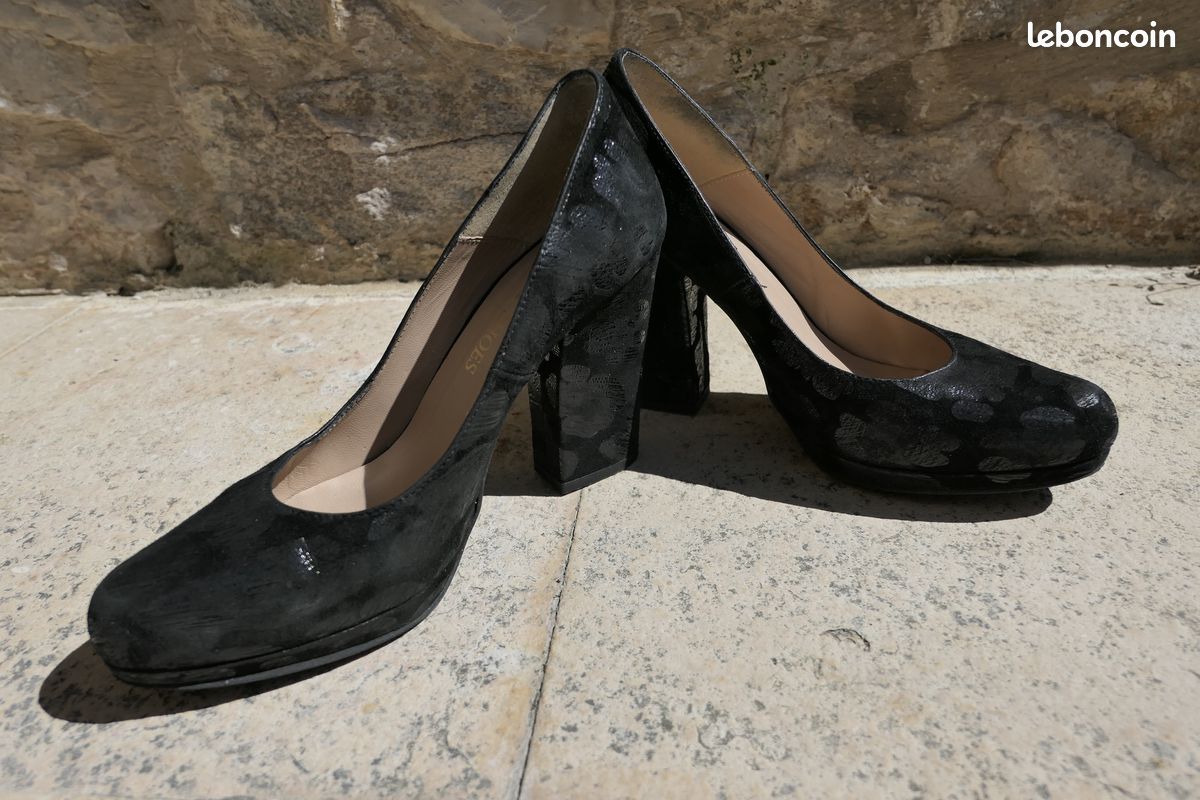 Escarpins Noir Daim Panthère Talon Haut Epais 40 Chaussures