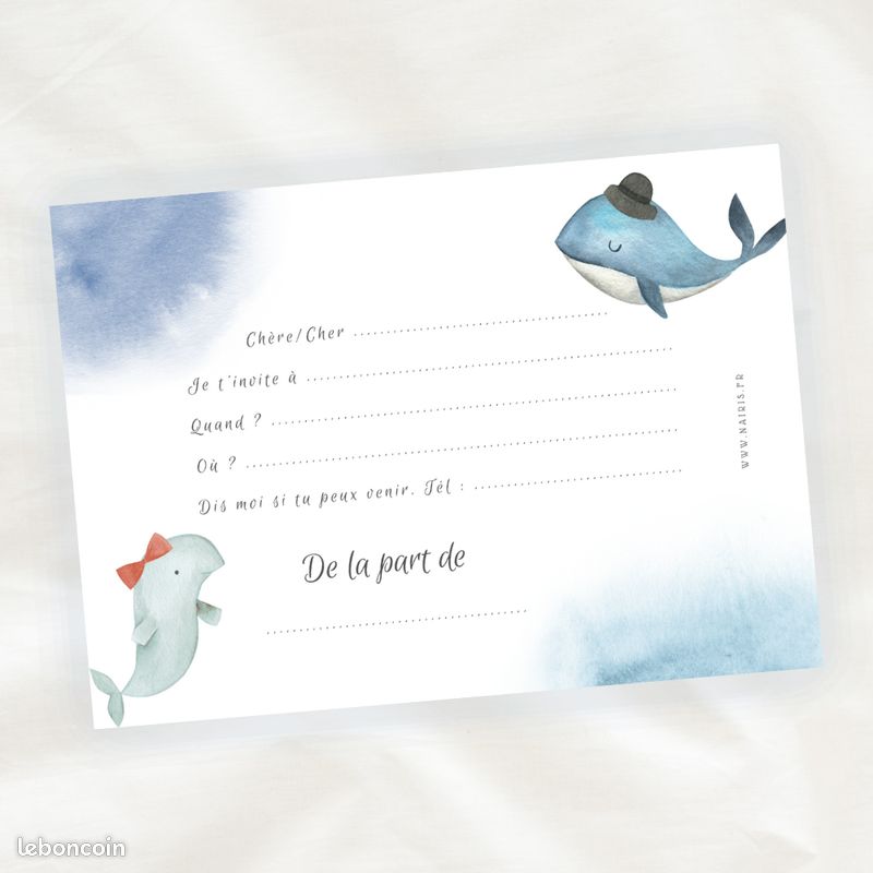 Lot de 8 cartes d'invitation anniversaire enfant - animaux de la mer aquarelle (image 5)