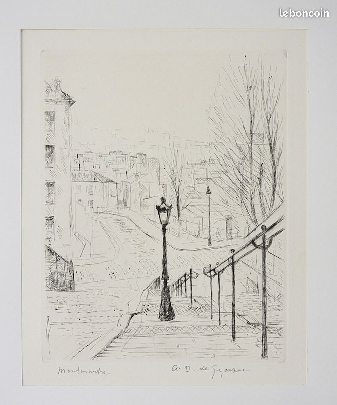 Gravure « Montmartre » signée au crayon – André Dunoyer de Segonzac – Papier Arches – Encadrée (image 1)