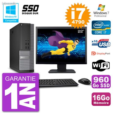 PC Dell Optiplex 7020 SFF Reconditionné - Intel I7-4790, 16 Go RAM, SSD 960 Go, écran 22", Windows 10, Wifi