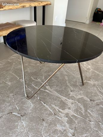 Set de 2 table basse noire aspect marbre table ronde