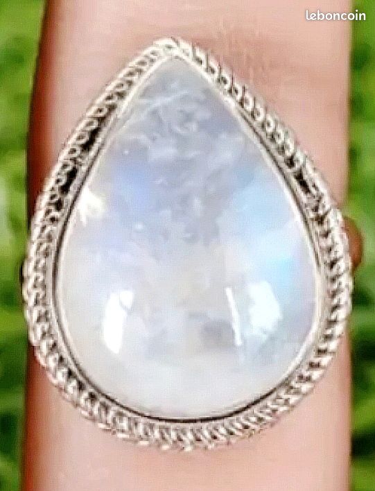 Bague Femme Pierre De Lune Argent 925 - Bague Ouverte Réglable Plaquée Or Blanc 18K - Modèle Ovale/Ronde/Cœur