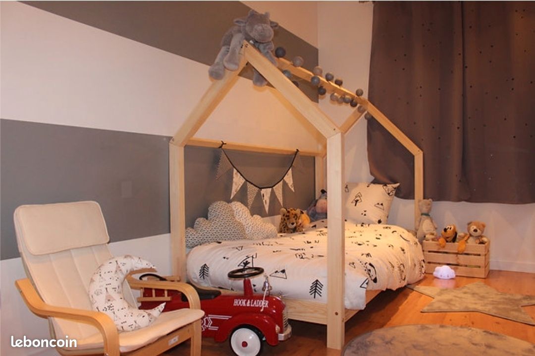 Lit maison en Pin naturel avec sommier (image 2)