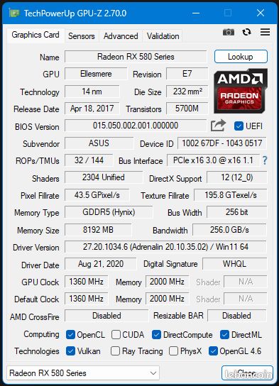 Carte graphique Asus Radeon RX 580 (Q2 2017) - 8 Go VRAM (GDDR5), PCIe 3.0, TDP 185W (image 13)