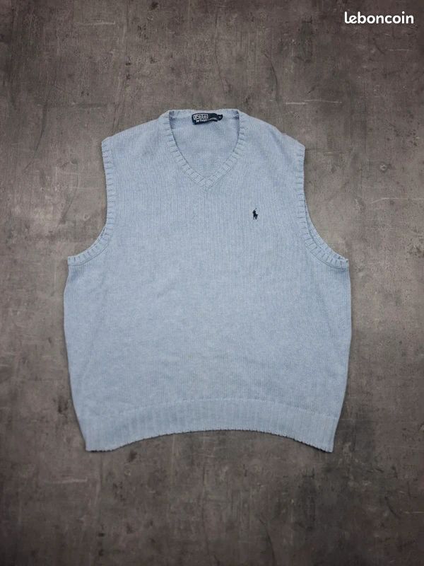 Pull en maille col V sans manches Ralph Lauren bleu clair logo