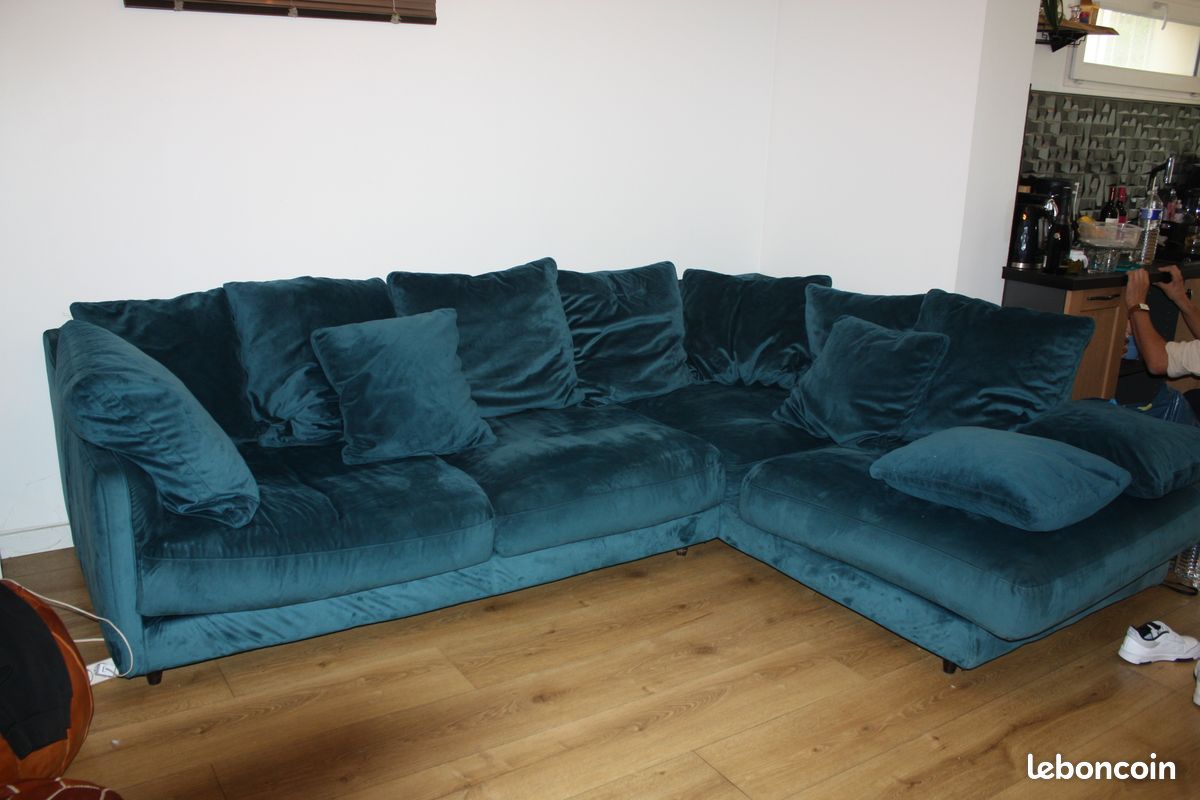Canapé d'angle droit convertible 5 places en velours bleu canard - NAIROBI - Best Mobilier | Leroy Merlin