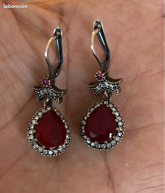 Boucles D'oreilles En Rubis Sur Argent 925 - Puces, Fermoir Clous, Occasion