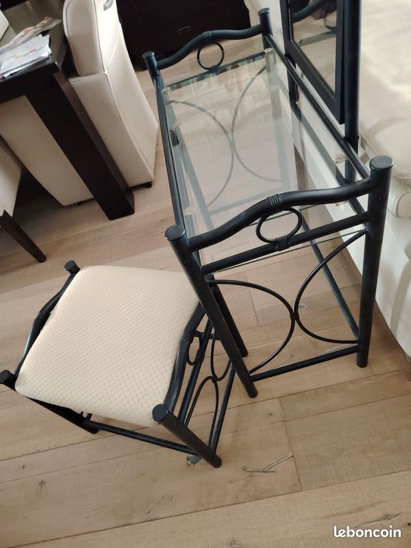 Coiffeuse en métal noir avec miroir et tabouret assorti (image 4)