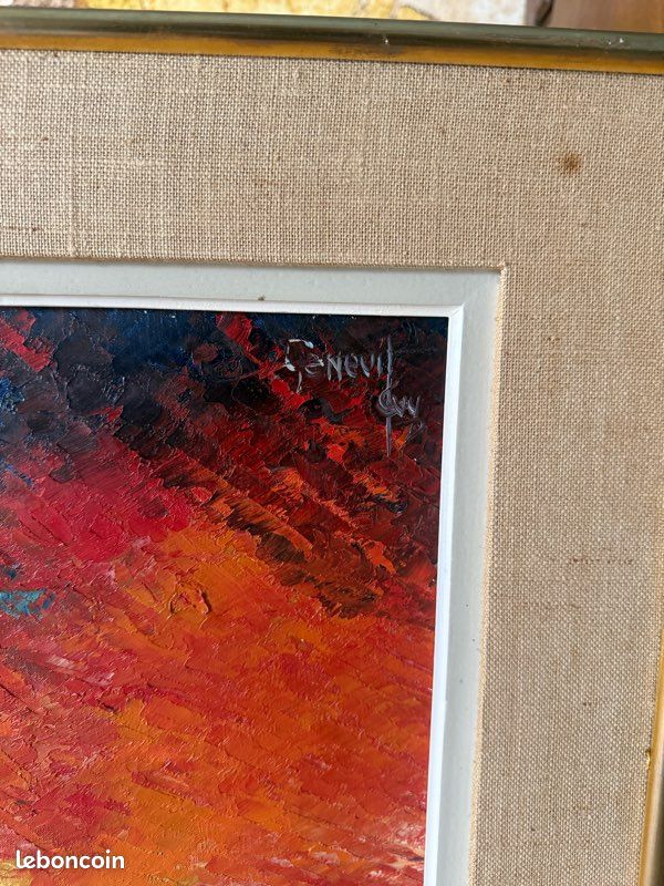 Tableau huile sur toile – Paysage marin, barque & ciel rouge – Signé (image 2)