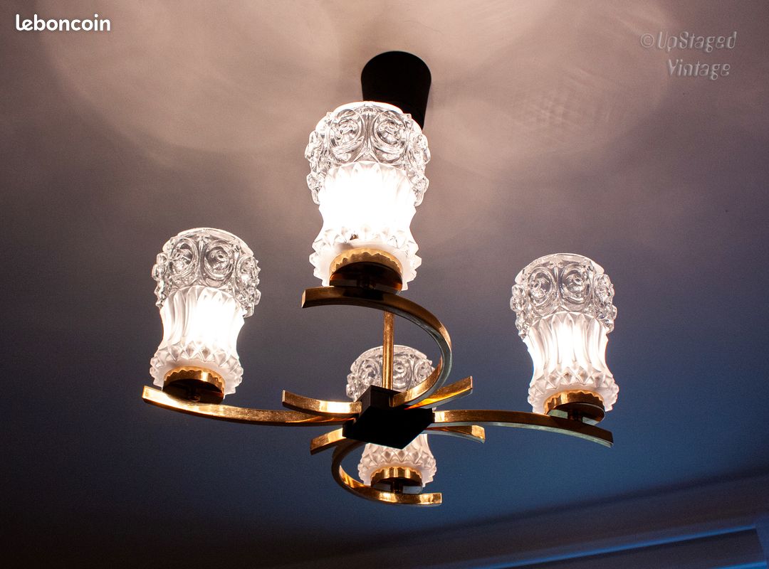 Lustre doré avec 4 abat-jours Plafonnier vintage des années 1970, style « Space Age » (image 7)