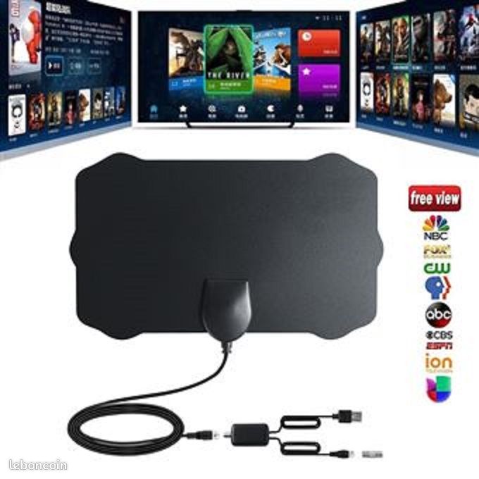 Antenne TV Intérieure 2025 Puissante 600KM - Amplificateur Signal Booster, Support 4K 1080P HDTV, Câble 10m, TNT DVB-T