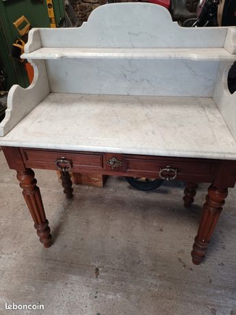 Table Coiffeuse Ancienne Bois Et Marbre – 2 Tiroirs – Très Bon état
