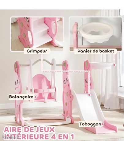 Toboggan 4 En 1 Arkyomi Avec Balançoire, Panier Basket Et Via Ferrata - Rose Clair