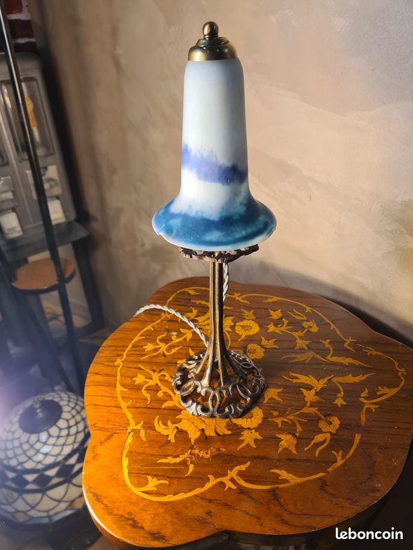 Lampe bronze art nouveau tulipe pate de verre signé lumieres de la ville 40x12 (image 5)