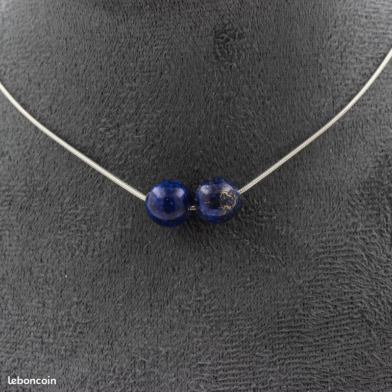Collier 2 perles Lapis Lazuli 8 mm chaine en acier inoxydable (image 1)