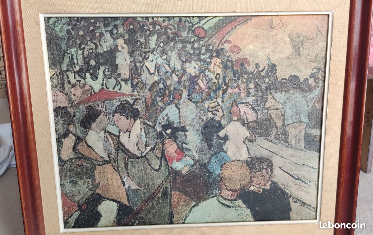 Tableau / toile / peinture reproduction Le Cirque de Georges Seurat post-impressionnisme pointillisme avec cadre en bois massif acajou TBE (image 2)