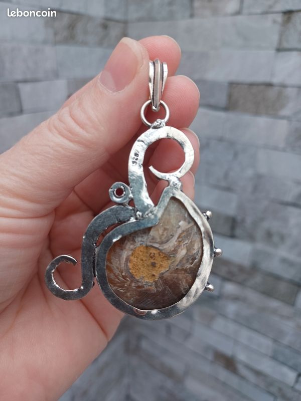 Pendentif Ammonite Fossile Naturel Monté Sur Argent 925 - Bijou Pierre Ancienne - Occasion Comme Neuf