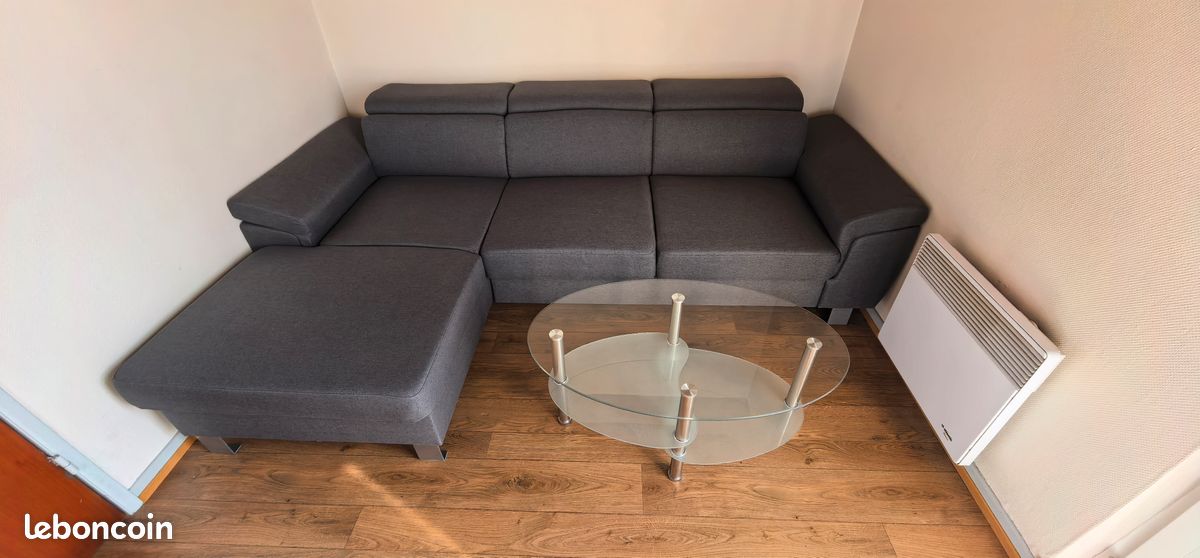 Canapé d'angle convertible en tissu luxe gris et simili cuir bleu, 5