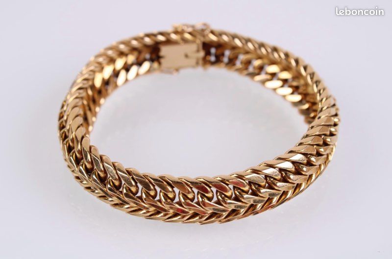 Bracelet Chaîne Tank Maille Gourmette - Plaqué Or 18k (750) - Motif Fleuri Zircon - Occasion