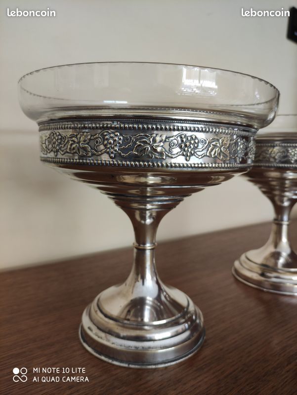 Paire Coupes Art Déco Métal Argenté et Verre Taillé (image 8)