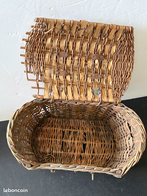 Panier Créel De Pêche Vintage – Décoration Murale En Cuir – Ancien Matériel De Pêche Américain