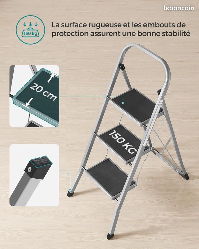 Marchepied 3 Marches - Pliable, Escabeau, Verrou de Sécurité, Facile à Ranger, Charge 150 kg, Gris Tourterelle (Hauteur : 117cm) - Neuf – Livraison gratuite en Europe ⭐ ⭐ ⭐ (image 4)