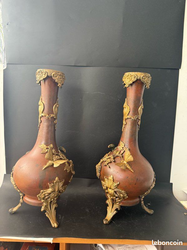 RARE Antique Napoleon III Japonisme Vases Pair Bronze Lizards Papillon France (image 3)