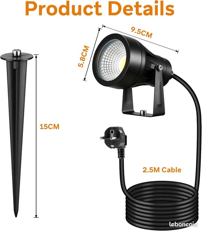 Spot LED Extérieur avec Piquet de Terre 7W 700LM, Mini Spot LED avec Alimentation Électrique, Luminaire Exterieur IP65, Projecteur de Jardin 3000K Applicable Terrasses, Plantes, Câble de 2,5M (image 2)