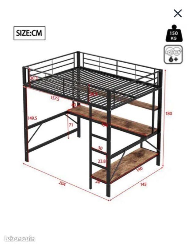 Lit mezzanine avec bureau + led (image 2)