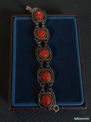 Bracelet Large Rétro Argenté Avec Cabochon Orange - Bijou Vintage, état Impeccable