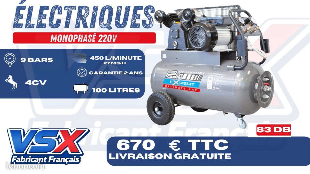 Compresseur 100 Litres 4cv 450 litres minute (image 1)