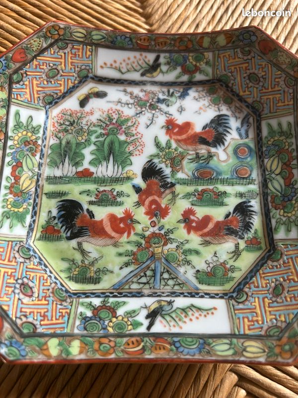 Petite ancienne vintage porcelaine de Chine carrée décor coq 15,3/15,3cm environ (image 5)