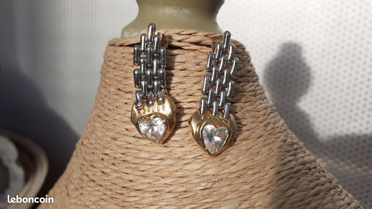 Boucles D'Oreilles Vintage à Pendants Strass - Style Années 70 - Métal Argenté - Occasion Parfait état