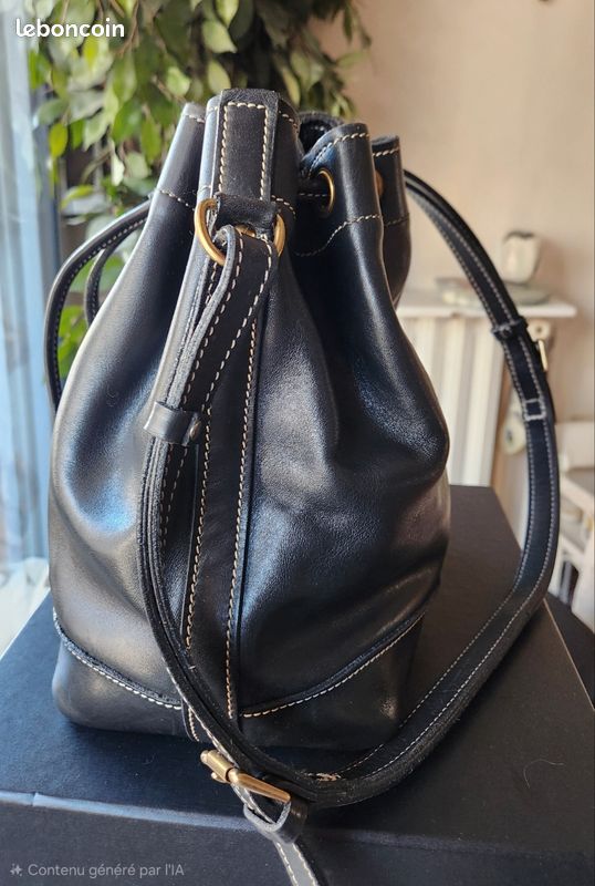 Sac à bandoulière seau en cuir noir vintage 1980's Jean Louis Fernandez (image 6)