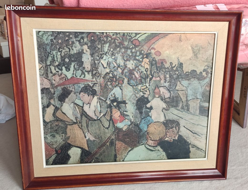 Tableau / toile / peinture reproduction Le Cirque de Georges Seurat post-impressionnisme pointillisme avec cadre en bois massif acajou TBE (image 1)