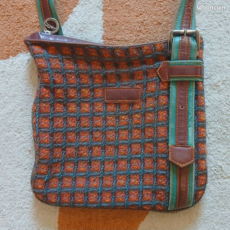 Sac Longchamp Vintage Authentique - Toile Tissée Marron & Bleu (image 2)