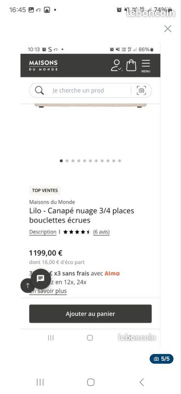 Canapé Maison du Monde lilou nuage écrue bouclette (image 2)