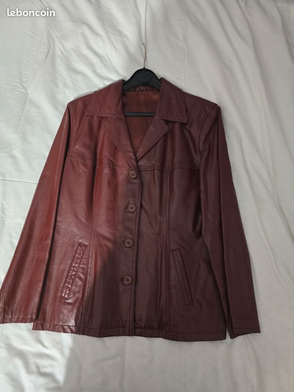 Veste vintage en cuir croute de porc taille 48 bordeaux (image 4)