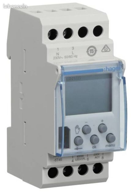 HAGER Interrupteur Horaire 16A Monophasé Digital 1 Voie Hebdomadaire 2 Modules Egn103