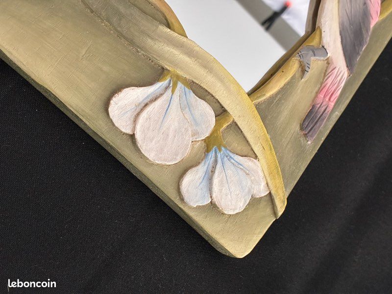 Miroir vintage en bois sculpté oiseau et fleurs (image 8)