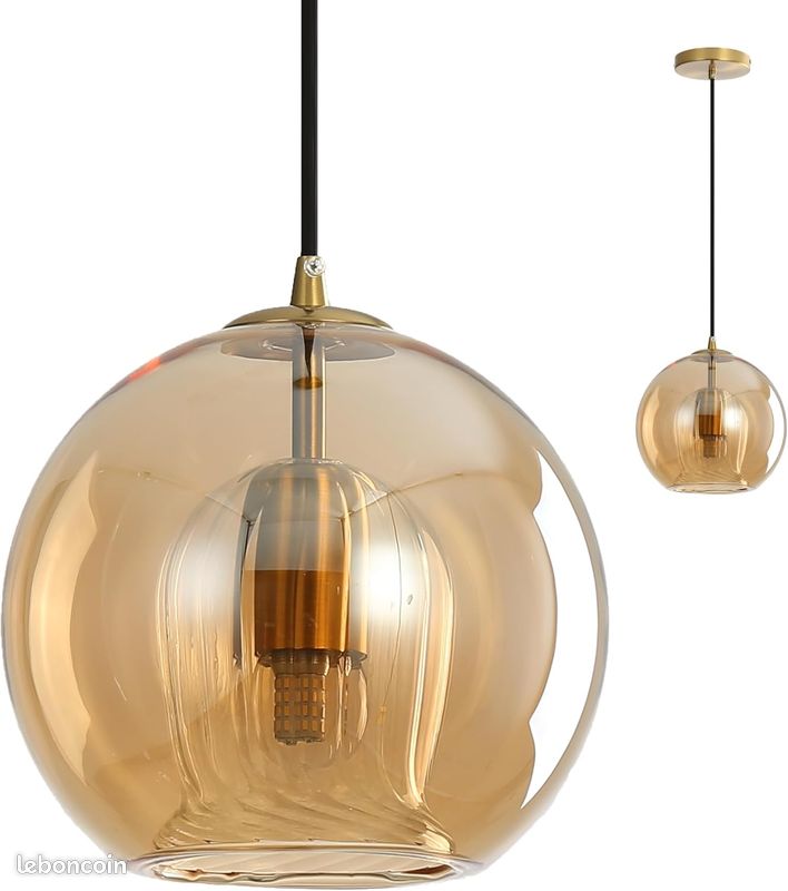 Lampe Suspension Sphère Verre 20 Cm Industrielle - Abat-Jour Ondulé Bleu Foncé, Douille E27, Style Vintage Doré