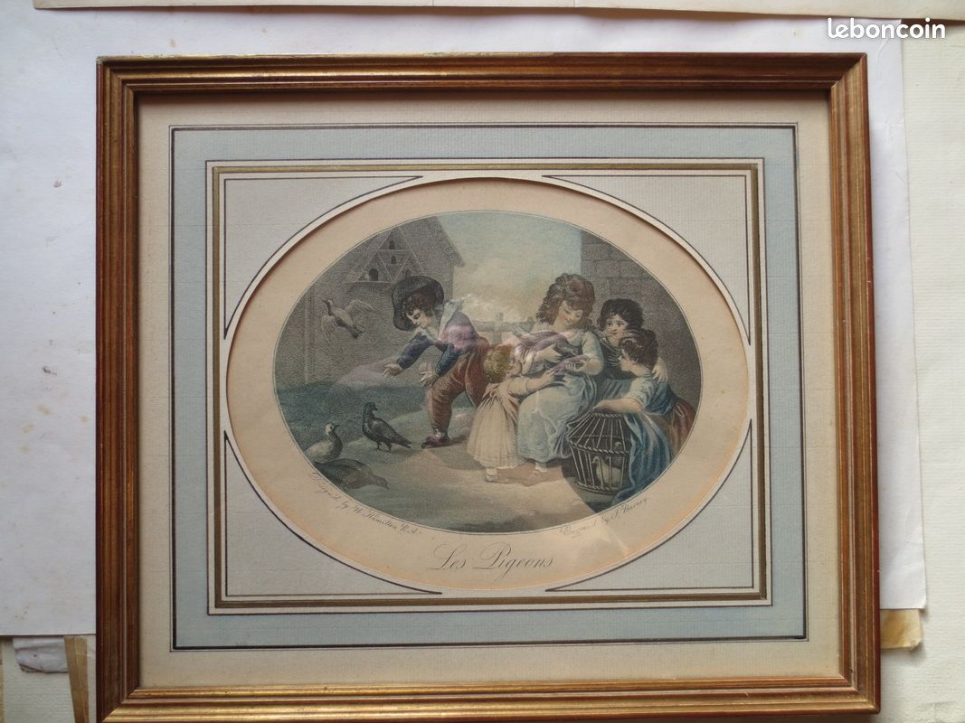 Lithographies XVIII - XIX e - Scènes d'enfants avec animaux - W. Hamilton / Barney - encadrées - B.E - (image 1)