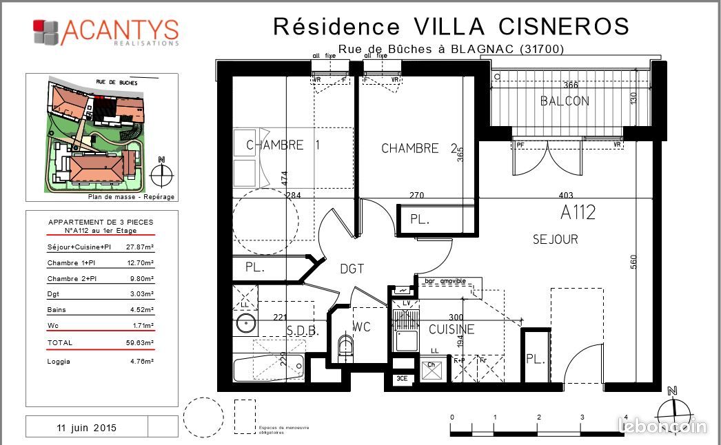Appartement 3 pièces 60 m² · à Blagnac · 59,6 m² · 866 €/mois