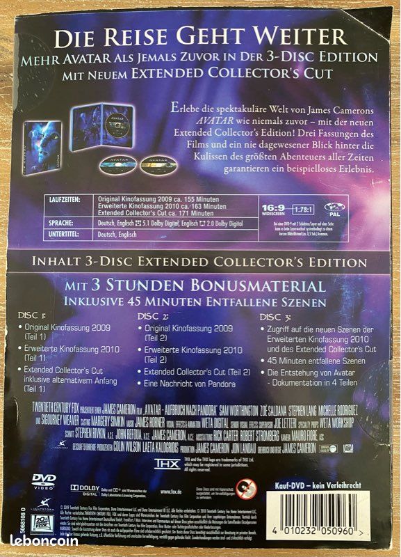 Avatar – Extended Collector’s Edition 3 DVD – James Cameron – Édition Allemande (image 2)