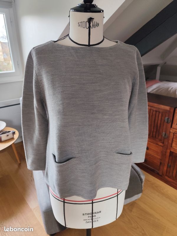 Sweat COS Oversize Gris Bruyère Col Vachette Femme XS – Coton Jersey Avec Poche