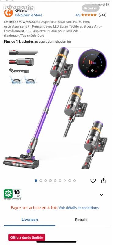 Aspirateur Balai Sans Fil,45Kpa/560W Aspirateur Sans Fil Puissant Léger