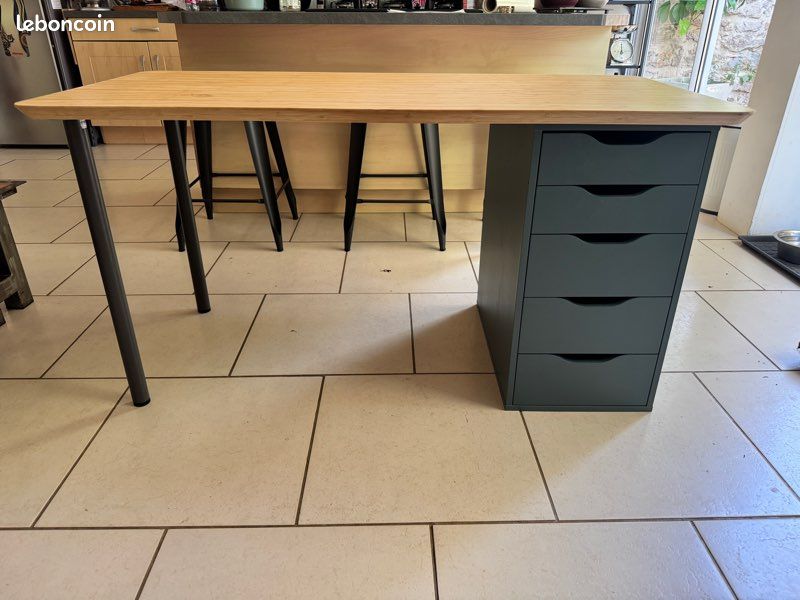 Bureau Ikea Caisson Alex édition limitée gris vert plateau bambou Anfallare 140x65 pieds acier gris Adils (image 1)