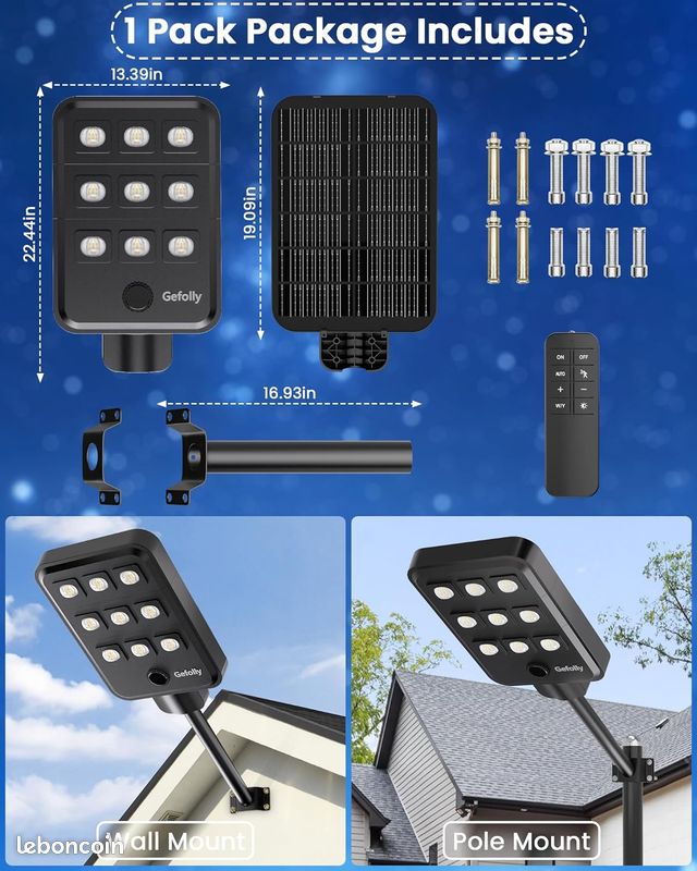 Lampadaire Solaire Exterieur, lumière solaire extérieure Crépuscule à l'Aube IP68 éclairage 6500K inondé LED étanche Projecteur Solaire Puissant pour Rue, Garage, Parking 9T - NEUF (image 2)